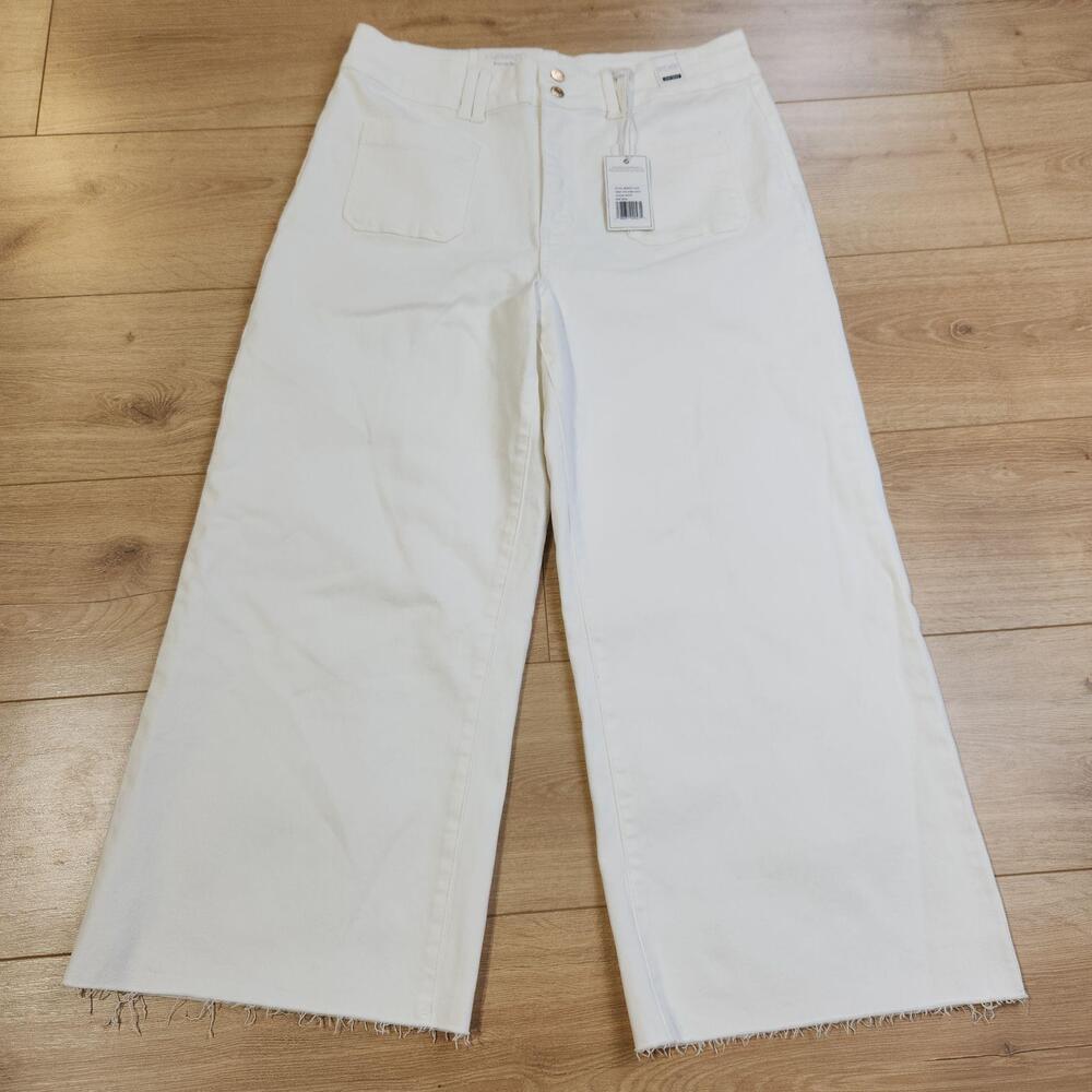 Judy Blue Wide Leg Crop Jeans Womens 15/32 White High Rise Stretch Fringe Denim